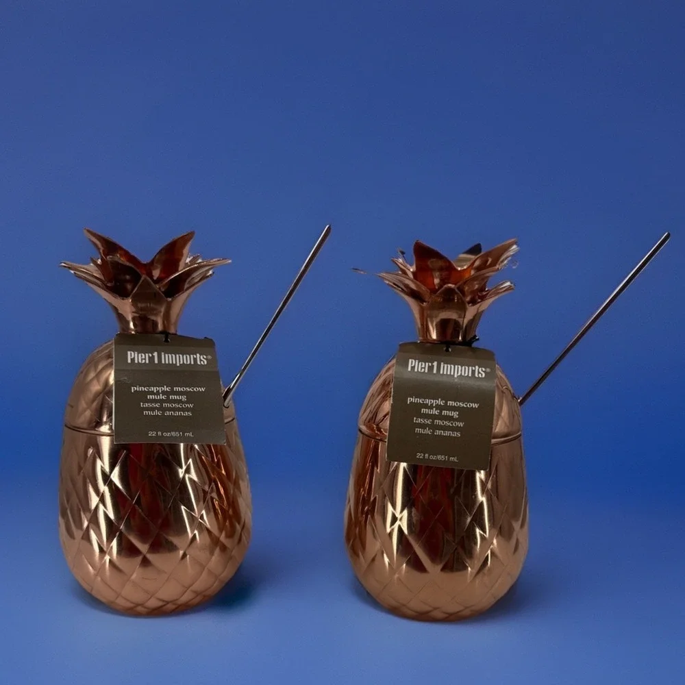 NWT Pier 1‎ Copper Pineapple Moscow Mule Drink Cups With Straw Bar Kitchen